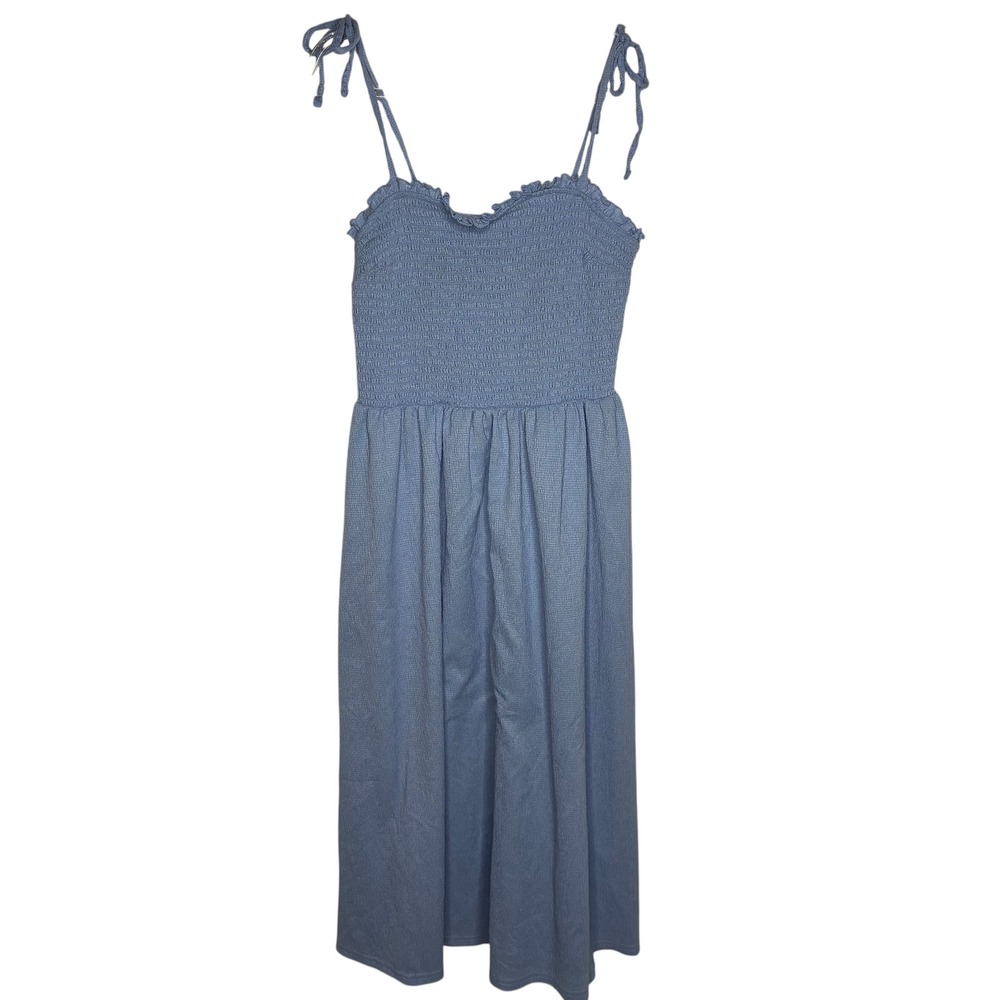 HM Divided Womens Medium Blue Smocked Tie Strap Midi Dress Vacation Sundress‎
